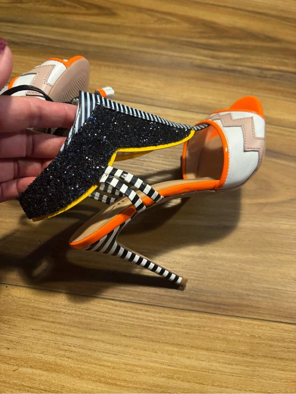 Vinci Santa Amaro leather bold High Heel Sandals - Orange, Black & White